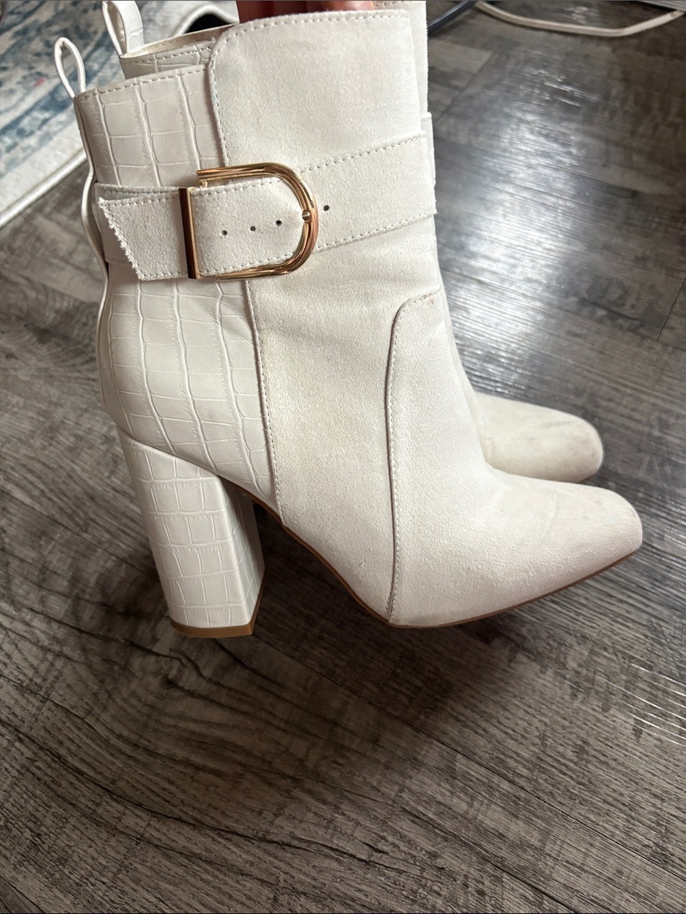 JustFab Cream Suede Ankle Boot with Croc-Embossed Heel & Gold Buckle
